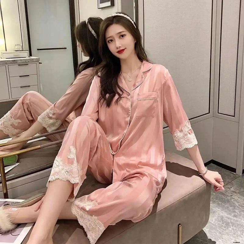 Women's Spring Autumn Long-sleeved Pajamas Set Sexy Lace V Neck Ice Silk Jacquard Striped Homewear Loose Comfortable Sleeping Suit Two-piece Set