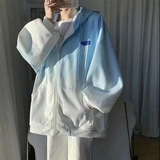 Gradient Jacket Loose Cardigan Hooded Baseball Jacket Casual Zipper Tie-Dye Cotton Thermal Long Sleeve Jacket Warm and Comfortable