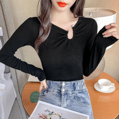 Women's Spring and Autumn Long Sleeve Top Solid Color Slim Fit All-match Bottoming Shirt