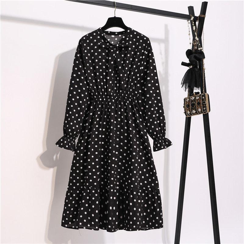 Women Dress Long Sleeve Casual Autumn DressKorean Style Vintage Floral Printed Chiffon Shirt Dress Bow Midi Summer Dress