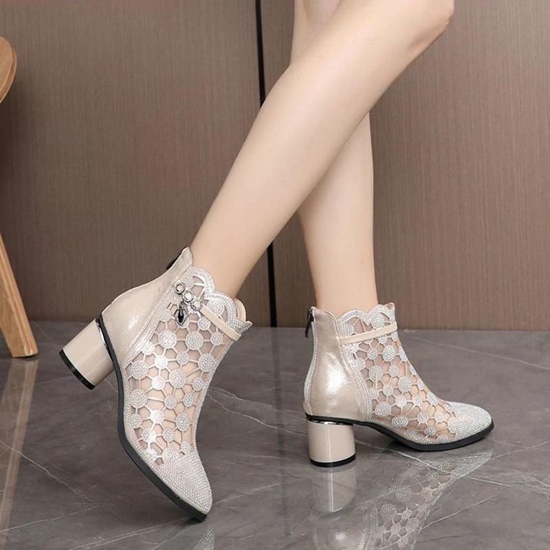 Sandals Women's Mesh Cool Boots All-match Hollow Rhinestone Breathable Thick-heeled Ankle Boots Women's Black High-heeled Boots
