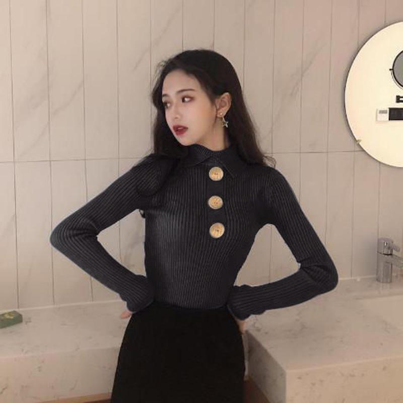 Lapel Knit Sweater Long-sleeved Bottoming Shirt Autumn and Winter Women's Korean Version of The Wild Slim Slimming Inner Style Sweater Women