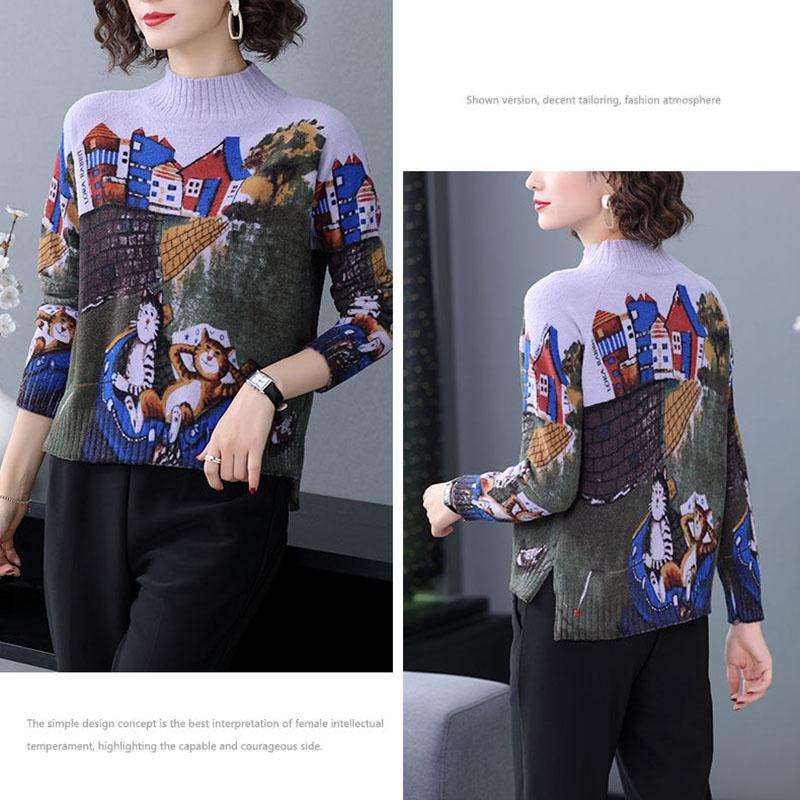 Autumn Winter Thick Printed High-neck Wool Sweater Women High-end Cashmere Sweater Pullover Knitted Sweater