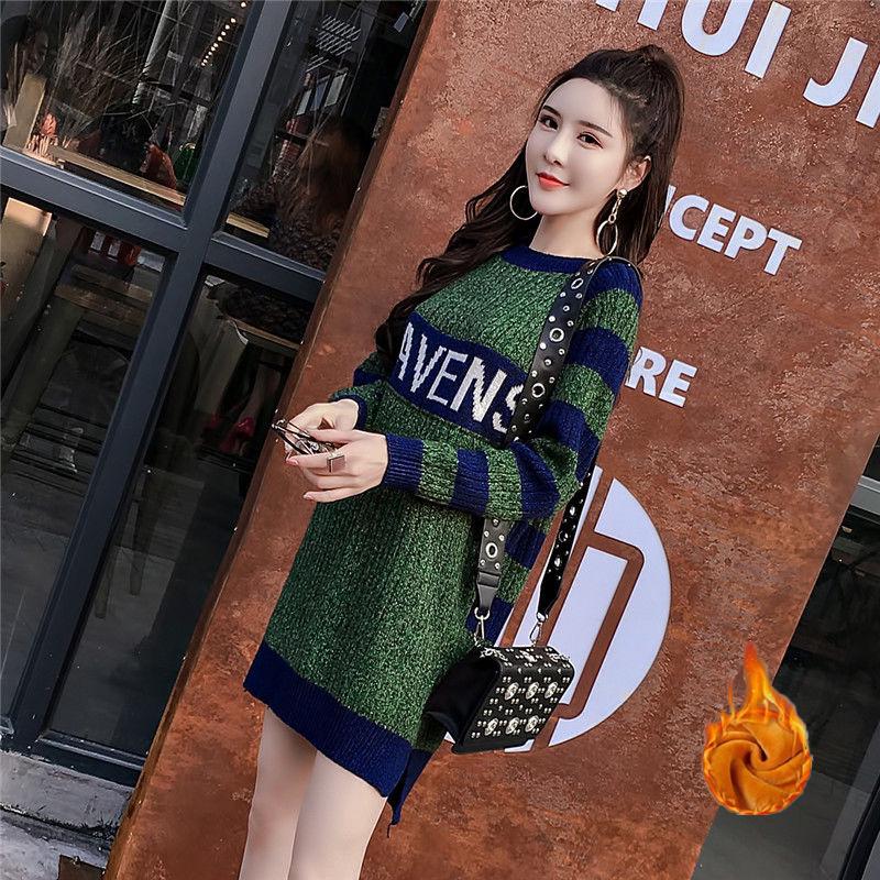 Autumn and Winter Plus Velvet Mid-length Knitted Sweater Letter Stripe Bottoming Dress Loose Pullover Long Sleeve Sweater