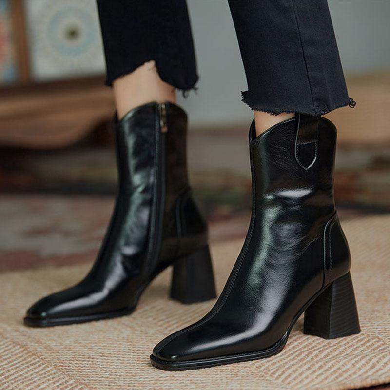 Soft Leather Boots Women Autumn  Winter Vintage Square Toe Short High-heeled Cowboy Boots Chunky Heel Ankle Boots