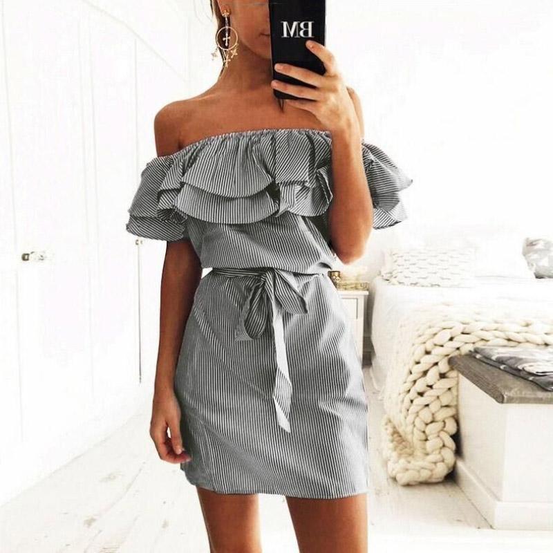 Large Size Women's Summer Dress One-shoulder Fashion Ruffled Striped Loose Waist Dress Casual Strapless