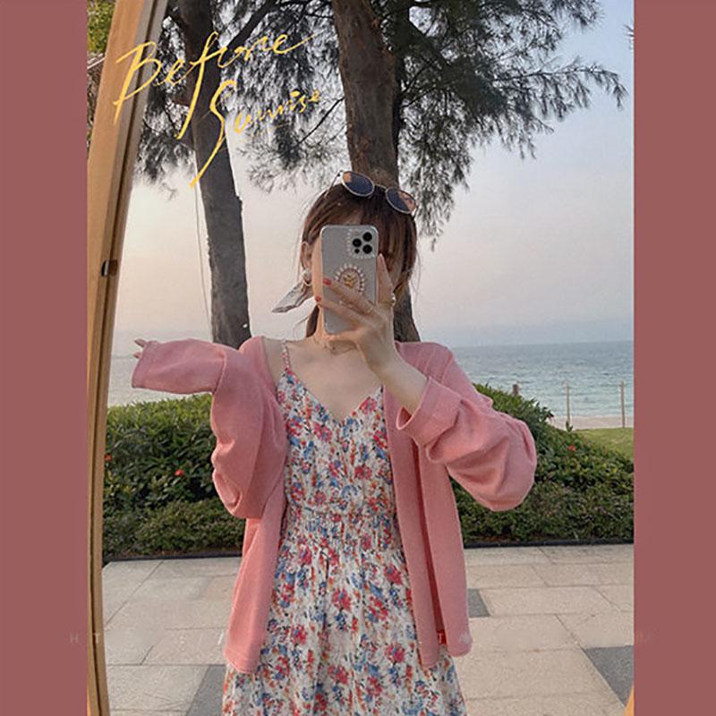 Sweet Tea Girl Chiffon Floral Sling Dress Summer Vacation Style Long Gentle Style Dress