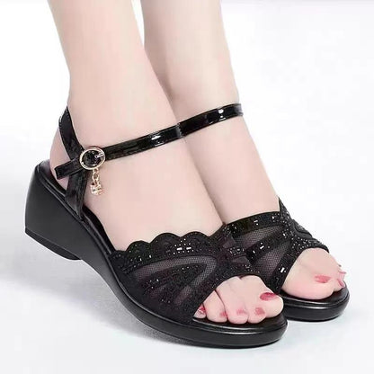 Leather Mesh Sandals Women's Spring and Summer New Hollow One-word Buckle Fish Mouth Wedge Mother Shoes Ladies Sandals