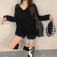 Women  Basic Tee Casual Long Sleeve V-neck Solid Color Soft TShirt Ladies Lady Loose Pullover