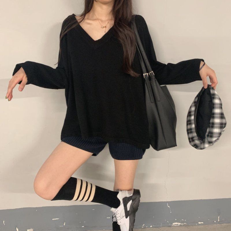 Women  Basic Tee Casual Long Sleeve V-neck Solid Color Soft TShirt Ladies Lady Loose Pullover