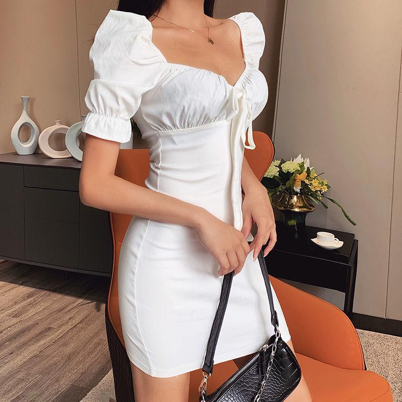 Retro Square Collar Dress Female Summer New Slim Slimming Bow Temperament Bubble Sleeve Bag Hip Skirt