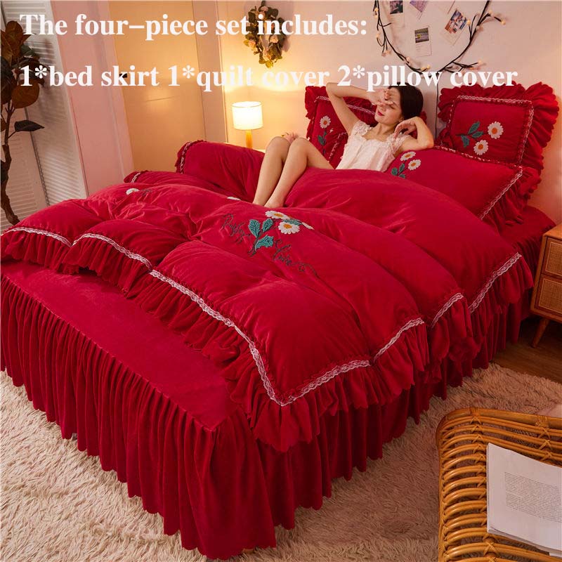 High-end Korean Version of Double-sided Milk Crystal Velvet Bed Skirt Four-piece Bed Duvet Cover Winter Thickening