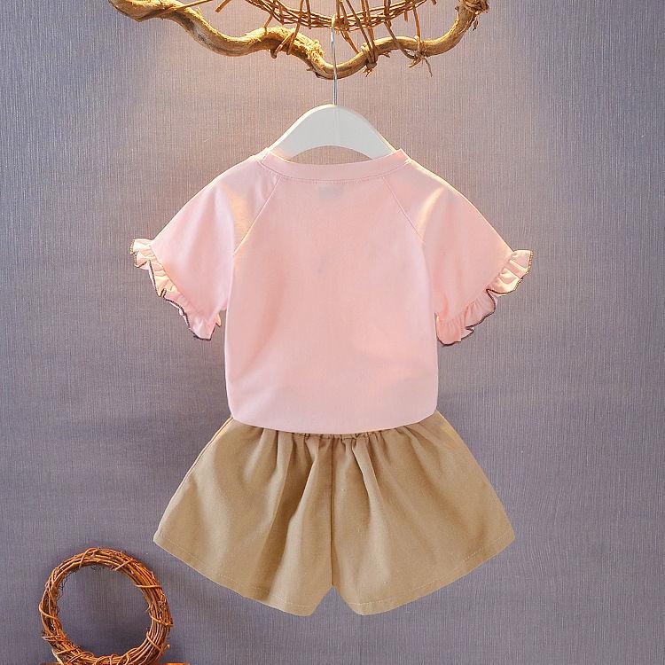 2PCS Children Clothing Set Spring Summer Solid Color Girls Suits Printing Short Sleeve Tops + Short Clothing Set