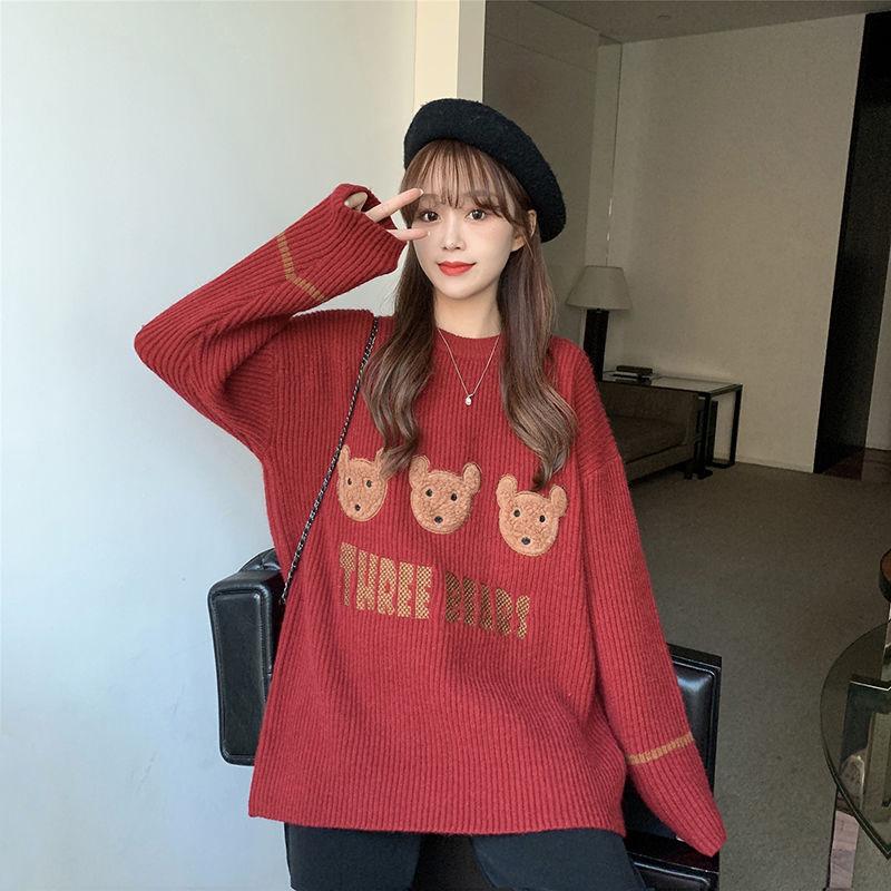 Autumn Winter  Women Fashion Bear  Sweater Casual Knitting Sweater  Round Neck Pullovers Loose Casual Long Sleeve Sweater