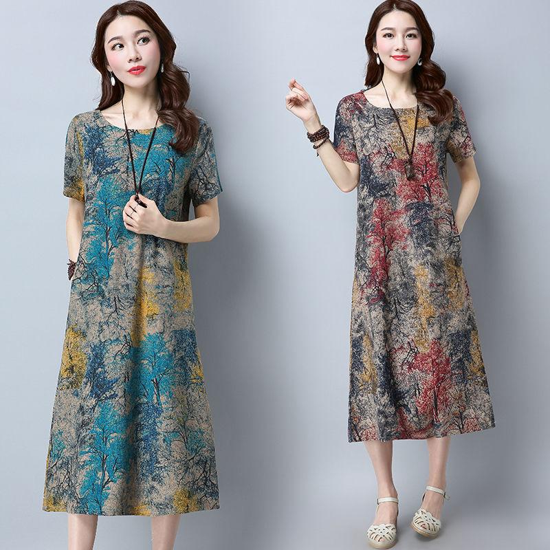 Round Neck Plus Size Loose Print Dress Short Sleeve Plus Size Women's Long Ethnic Style Long Sleeve Dress Loose Casualb