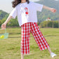 Girls Summer Suits Big Children's Pullover Round Neck Short-sleeved Tops Plaid Pattern Loose Cropped Pants Casual Breathable Two-piece Set