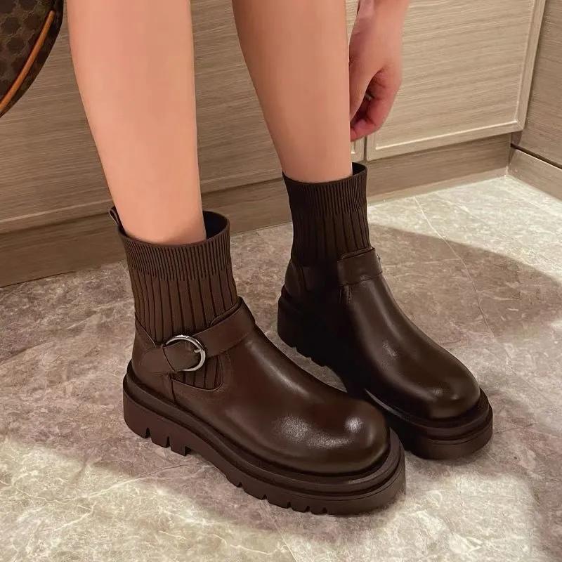 Spring and Autumn Elastic Boots Women's Socks Boots Thick Martin Boots British Style Chelsea Boots Single Boots