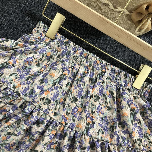 Female Simple Elastic Waist Short Vintage Holiday Skirt Slim Elegant Streetwear Floral Print A-line Miniskirt