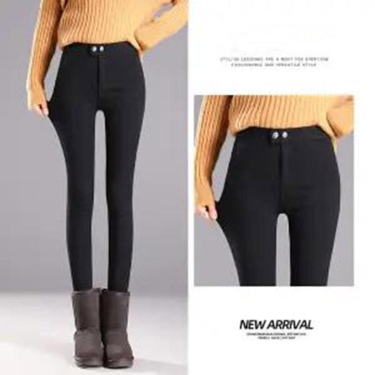 Double-button Shape Leggings Winter Slim Leggings Plus Velvet Thickening Outer Wear Solid Color Warm Stretch Leggings