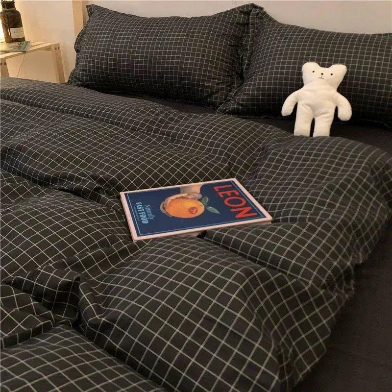 Washed Cotton Four-piece Set Korean Version Plaid Printed Quilt Cover Single Double Dormitory Four-piece Double Bed Bedding