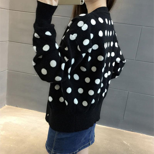 Polka Dot Short Knit Top Loose College Style V-neck Sweater Fashion Casual Jacket Women