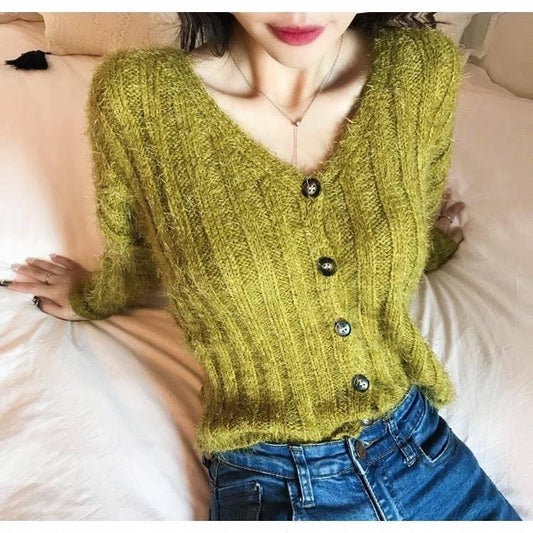 Autumn and winter new women's knit cardigan V-neck long-sleeved sweater female feather yarn shirt