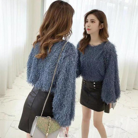 Autumn Korean Fashion Round Neck Long-sleeved Tassels Pure Color Pullover Sweater Women's Temperament Slim Top