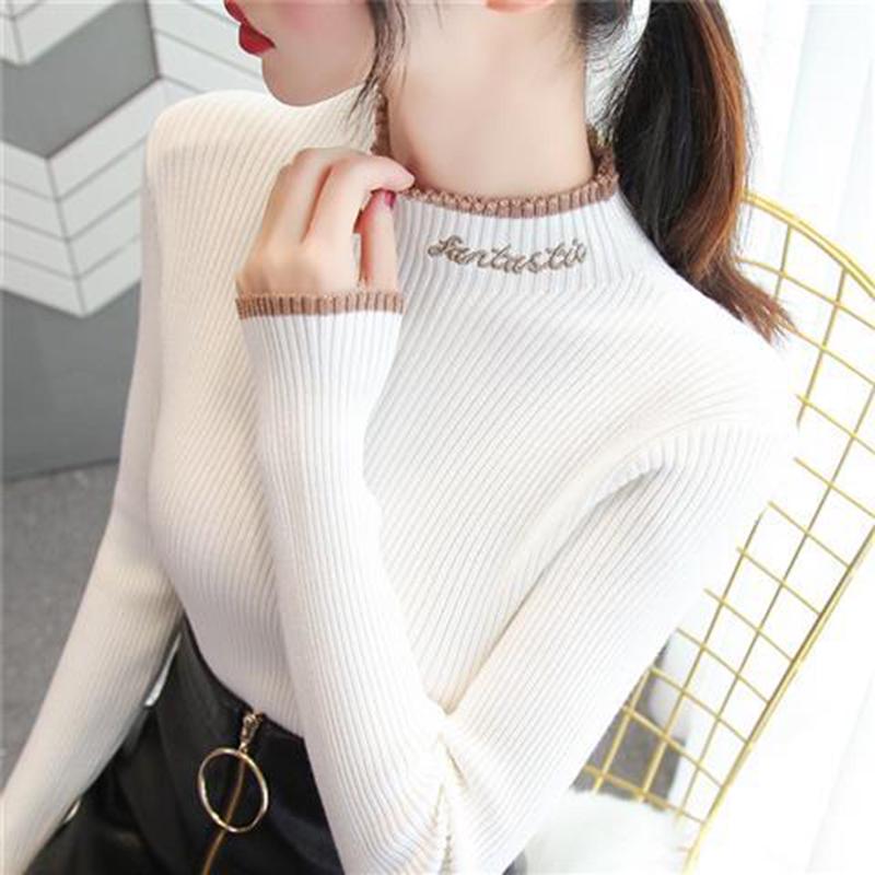 Women's Embroidered turtleneck sweater long sleeve Pullover slim bottoming  jumper top winter