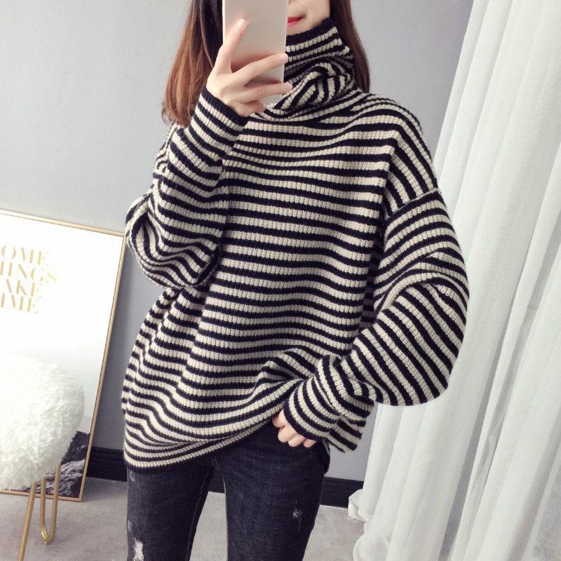 Autumn and Winter High-neck Casual Sweater Striped Pattern Loose Padded Bottoming Shirt Fashion All-match Female Top