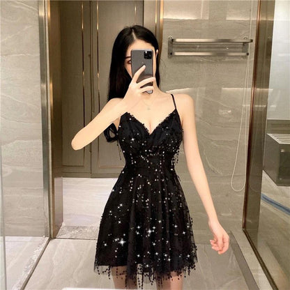 Women Summer Fringe Sequins Evening Club Halter Dress Vintage Unusual Beach Dress Mesh Slim Backless Short Night Party Dress