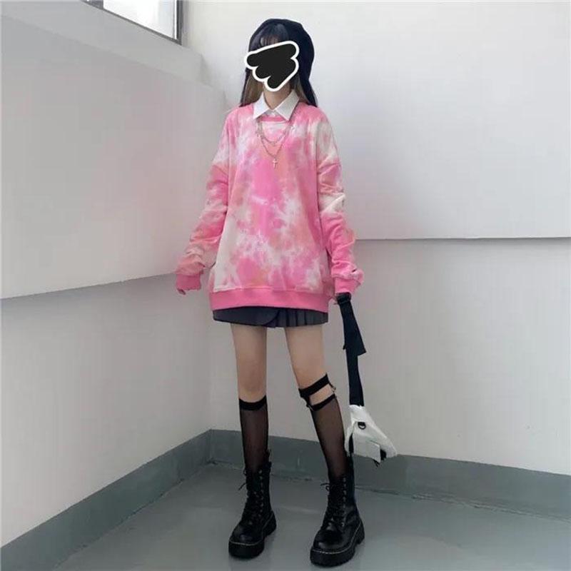 Tie-dye Sweatshirt Women's Mid-length O-neck Pullover Tops Spring  Autumn  Thin Long-sleeved Hoodies