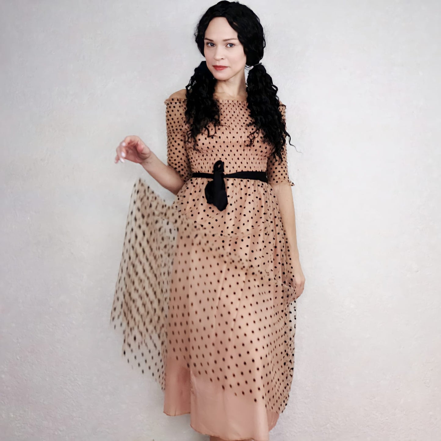 Women Sexy Off-shoulder Dress Spring Summer Women's Polka Dot Dress Five-point Sleeve Long Dress for Party
