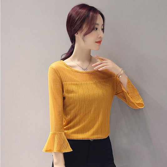 Flared Sleeve Mesh Bottoming Shirt Lace Spring and Summer Plus Size Women's Three-quarter Sleeve Top