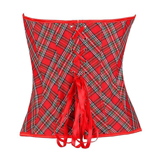 Halter Strap Red Plaid Corset Bodysuit Studded Overbust Brown Corset Bustier with Chains Waist