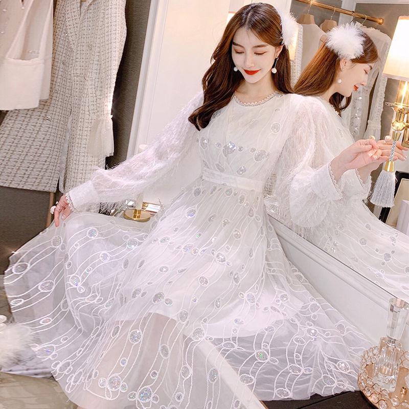 Plus size long dress Slim wild dress women autumn and winter mesh tassel sequins skirt fashion
