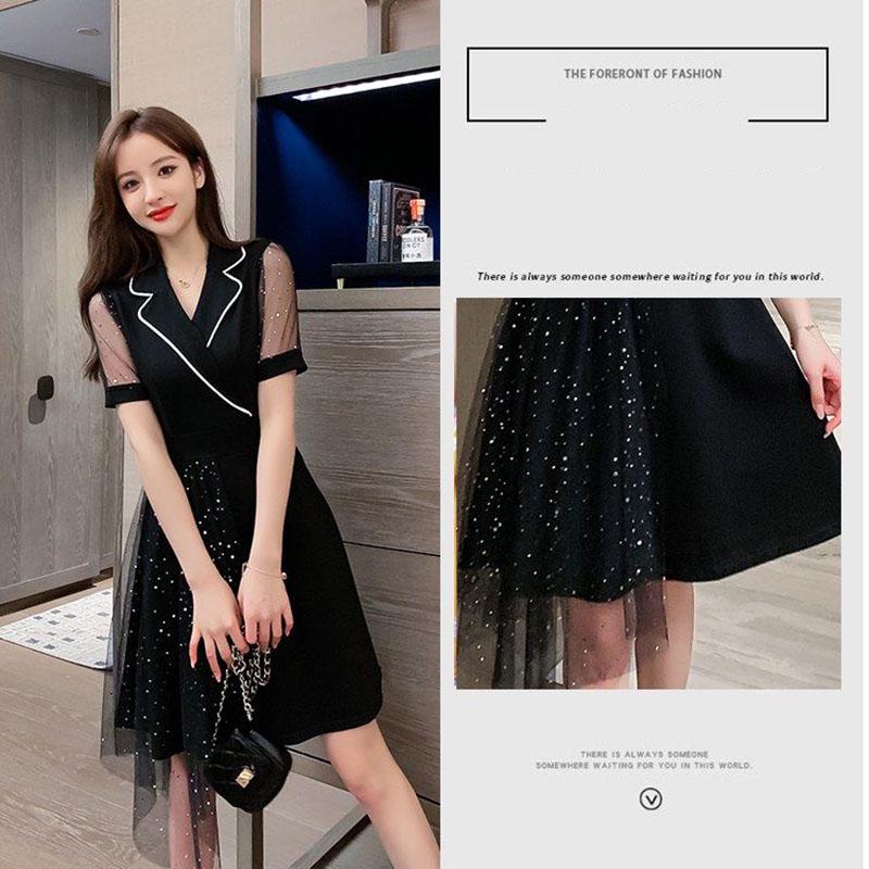 Women Plus Size Dress Lace Mesh Splicing Irregular Dress Mid-length Sequins A-line Party Dress