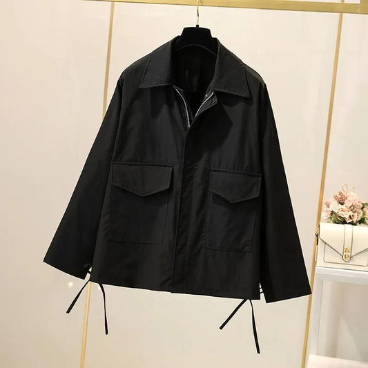 Spring Autumn Loose Casual Sweatshirt Jacket Women's All-match Slim Retro Work Jacket Solid Color Lapel Zipper Jacket