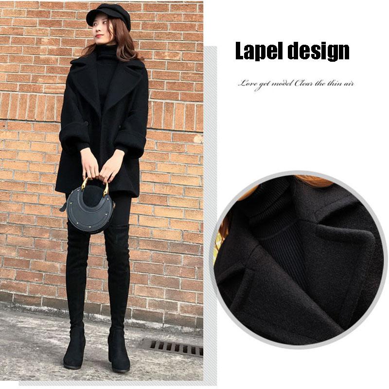 Loose Black Woolen Coat Mid-length Woolen Coat Autumn  Winter Thick Double-breasted Pea Coat