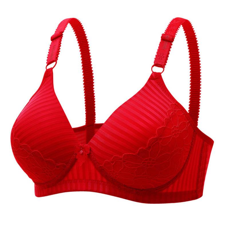 Ladies Gather Bra No Steel Rings Non Magnetic Underwear Lined Sponge Cover Anti-sagging Anti-glare Simple Sexy Lace Striped Bra