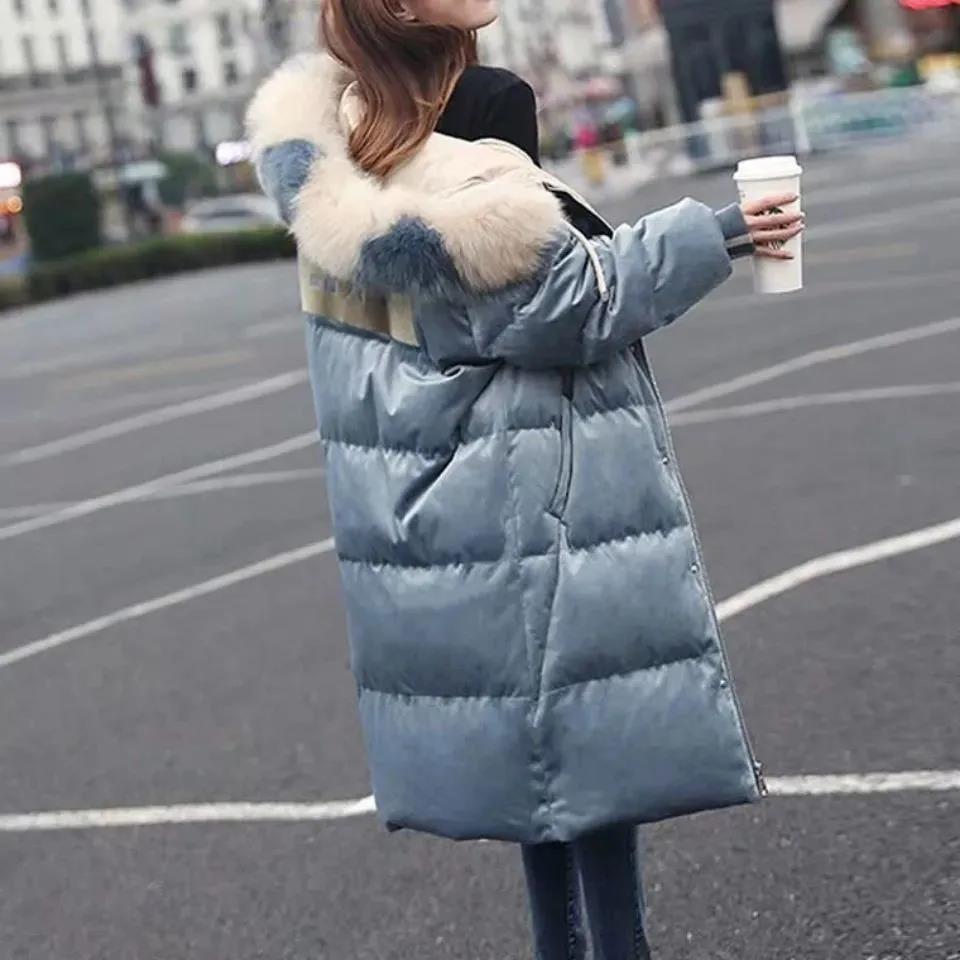 Long Gold Velvet Big Fur Collar Down Cotton Jacket Korean Winter Clothes New Fashion Loose