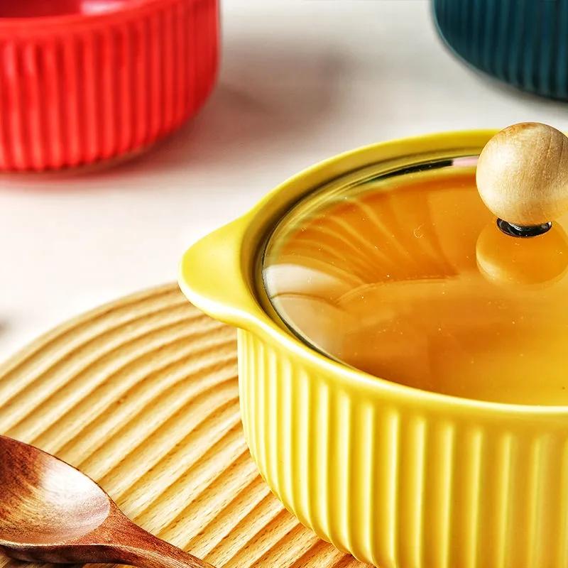 Nordic Style Ceramic Instant Noodle Bowl with Lid Binaural Soup Bowl Student Dormitory Rice Bowl Large Fruit Dish