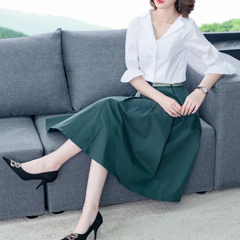 Cotton Shirt Skirt Suit Summer Simple Sweet Two-piece Set V-neck Lotus Leaf Sleeve Top Large Hem A-line Skirt Casual Skirt Suit Large Size