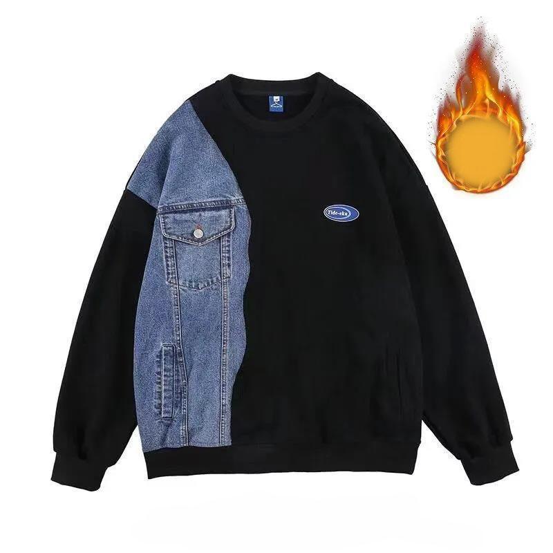 Autumn and Winter Plus Velvet Thick Plus Size Couples Wear Denim Stitching Loose and Versatile Warm and Comfortable Sweater
