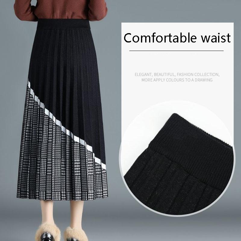 Women's Knitted Skirt Autumn and Winter Thick Retro Knit A-line Skirt High Waist Long Knitted Pleated Skirt Thousand Island Grid Stitching