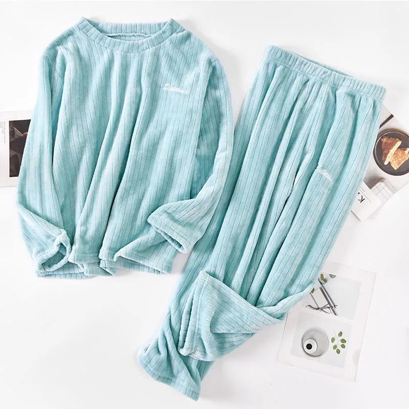 Women's Velvet Pajamas Set Thickened Oversize 6XL Warm Suit Long-sleeved Round Neck Vertical Striped Homewear Out Wear Loose Pajamas Two-piece Set