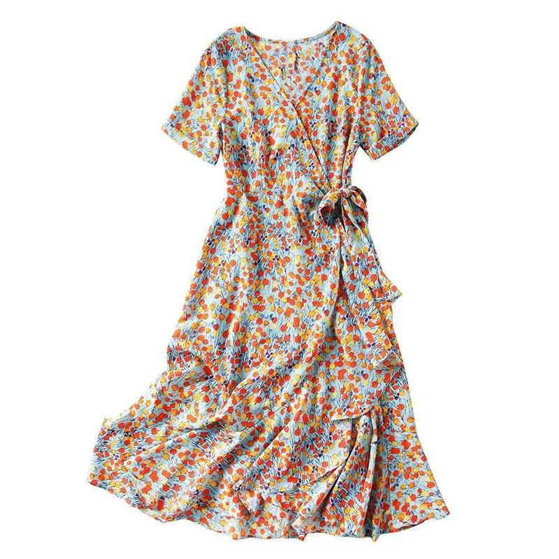 Women's Summer Floral Dress V-neck Slim Mid-length Skirt