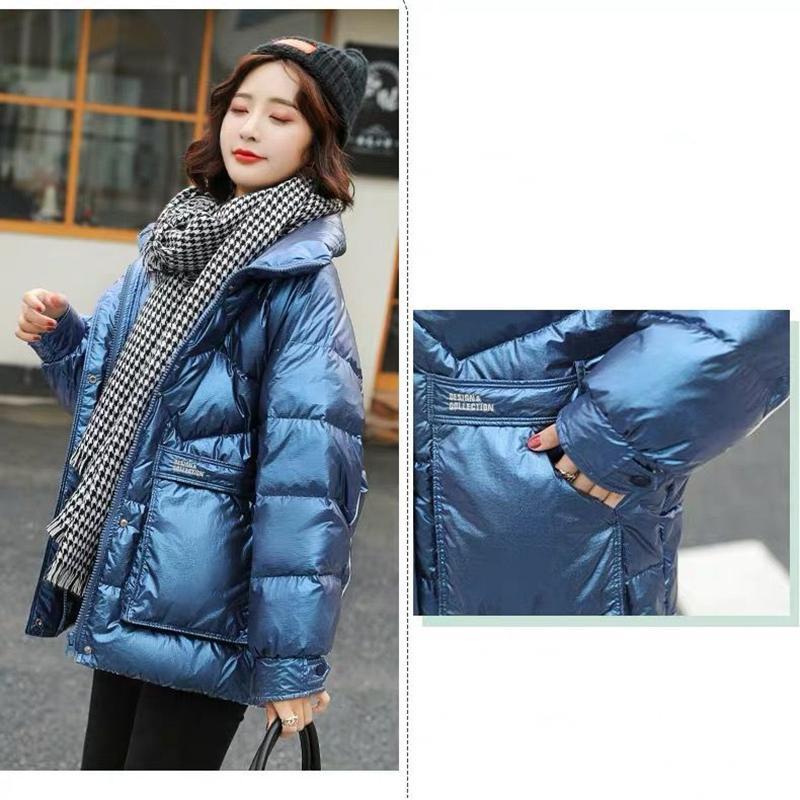 Women's Shiny Mid-length Down Jacket Winter Korean Style Loose Coat Warm Stand-collar Down Jacket