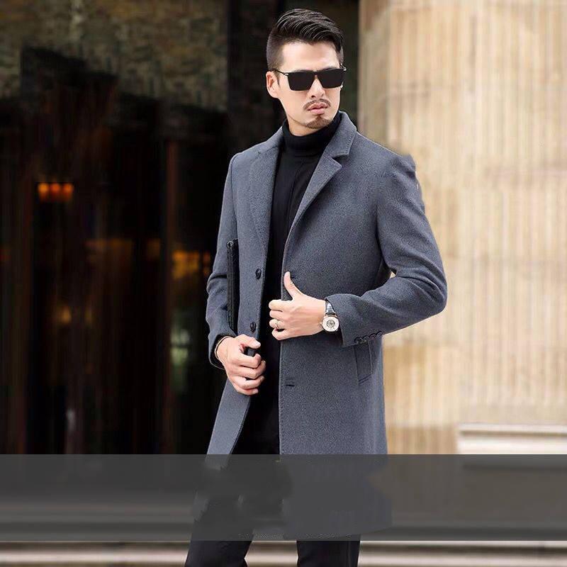 Winter Men Fashion Woolen Coat Casual Long Sleeve Solid Woolen Outwear Coat Male Long Overcoat 2019
