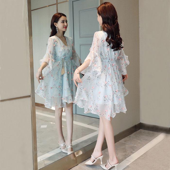 Pofulove S-4XL Women Summer High-end Floral Chiffon Dress Slim Thin Long V-neck A-line Beach Dress
