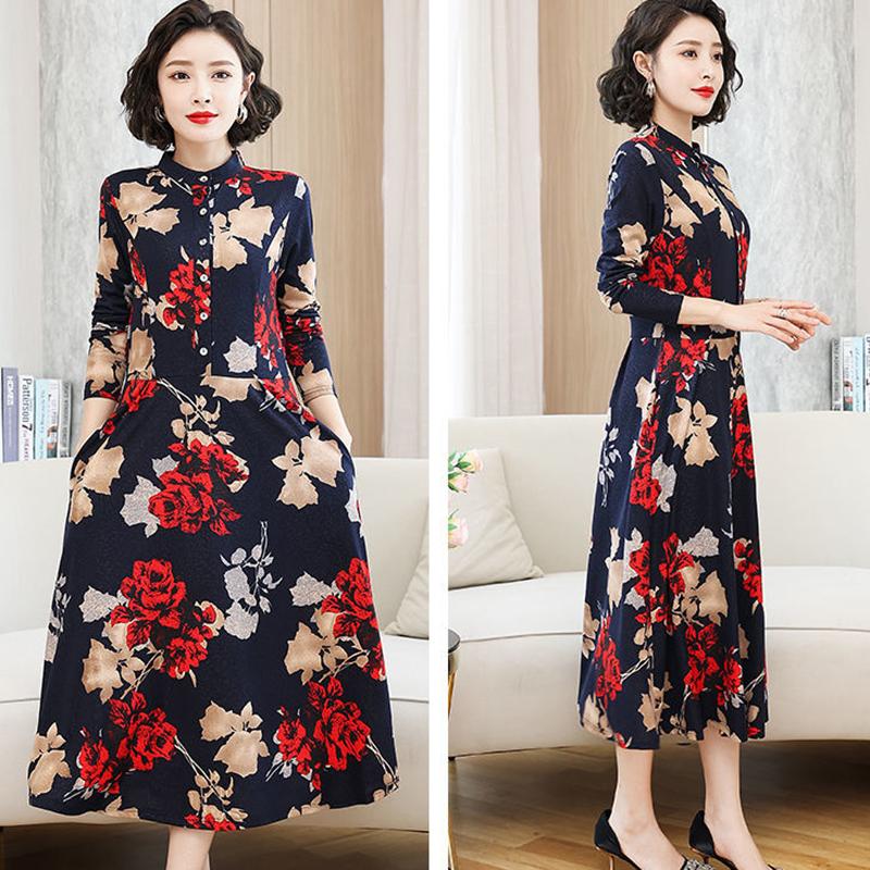 Printed Round Neck Spring Long Sleeve Dress Elastic Slim Fit Belly Long Skirt with Pocket Skirt Simple Comfortable Mid-Length A-Line Skirt